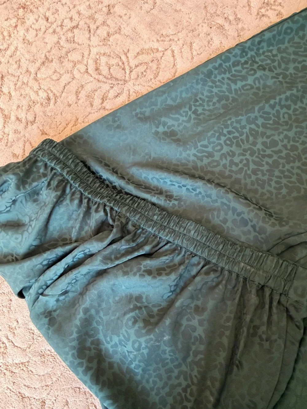 Skies Are Blue Teal Satin Wide-Leg Pants with Subtle Animal Jacquard